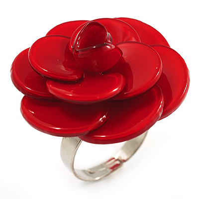 Red Acrylic Rose Ring (Silver Tone) - main view