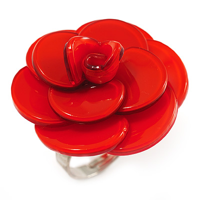 Orange Red Acrylic Rose Ring (Silver Tone) - main view