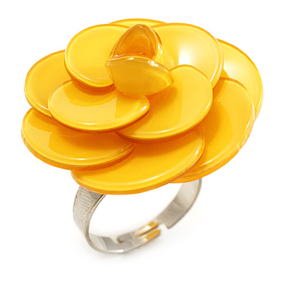 Bright Yellow Acrylic Rose Ring (Silver Tone) - main view