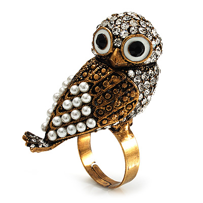 Stunning Vintage Simulated Pearl & Crystal Owl Ring (Antique Gold Tone) - main view