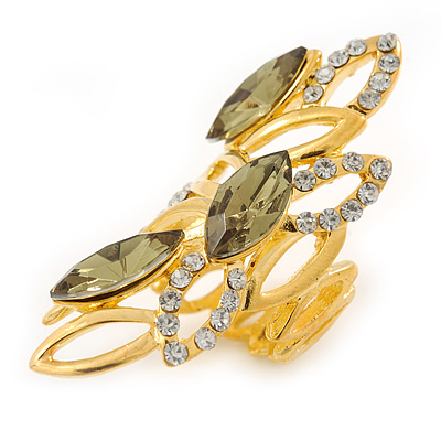 Olive/ Clear Crystal Elongate Cocktail Ring In Gold Tone Metal - - main view