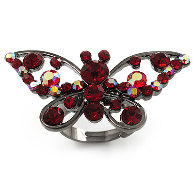 Gun Metal Ruby Red Coloured Crystal Butterfly Ring - main view