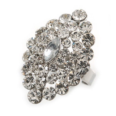 Rhodium Plated Clear Crystal Cocktail Ring - main view