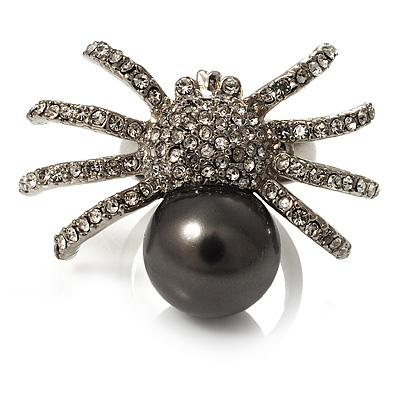 Swarovski Crystal Simulated Pearl Spider Ring (Silver Tone) - main view