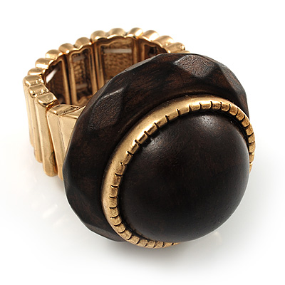 Dome Brown Wood Stretch Ring (Gold Tone)