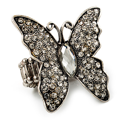 Large Diamante Butterfly Antique Burnt Silver Stretch Ring - main view