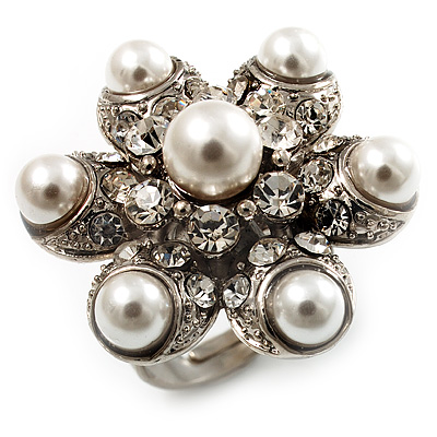 Bridal Imitation Pearl Crystal Floral Ring (Silver Tone) - main view