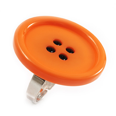 Orange Plastic 'Button' Ring (Silver Tone Metal) - Adjustable - main view