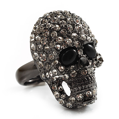 Gun Metal Swarovski Crystal Skull Ring - Size 7 - main view