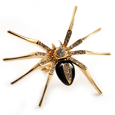 Gold Black Enamel Swarovski Crystal Spider Cocktail Ring - Size 7
