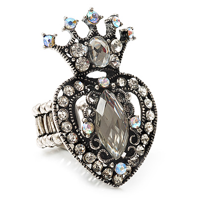 Burn Silver Crystal Crown & Heart Stretch Ring - main view