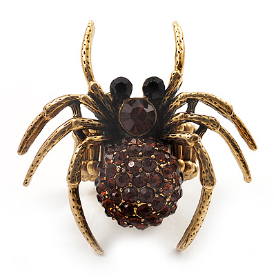 Stunning Amber Coloured Crystal Spider Stretch Cocktail Ring (Burn Silver Metal) - main view