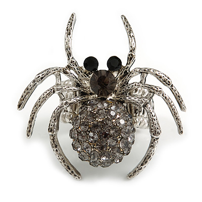 Stunning Grey Crystal Spider Stretch Cocktail Ring (Burn Silver Metal) - main view