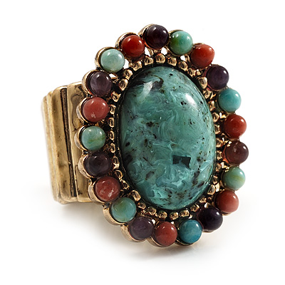 Vintage Turquoise Oval Stone Flex Ring (Antique Gold Finish) - Size 7/8 - main view