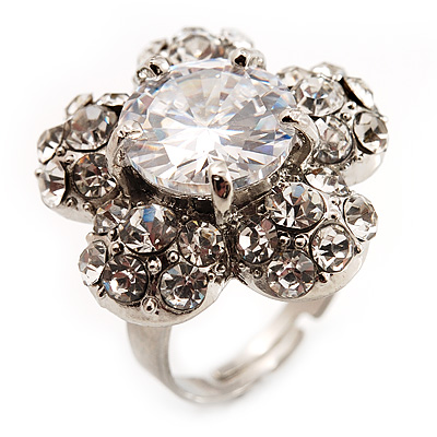 Silver Tone Clear Crystal Flower Ring - main view