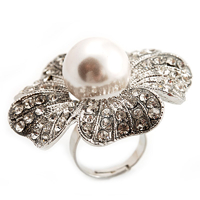 Silver Tone Metal Oversized Diamante Simulated Pearl Daisy Cocktail Ring