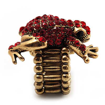 Antique Gold Red Crystal Frog Flex Ring - main view