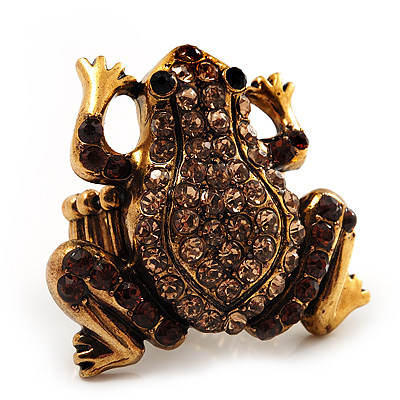 Amber Coloured Diamante Frog Flex Ring (Antique Gold Metal) - Size  8/9 (Stretch)
