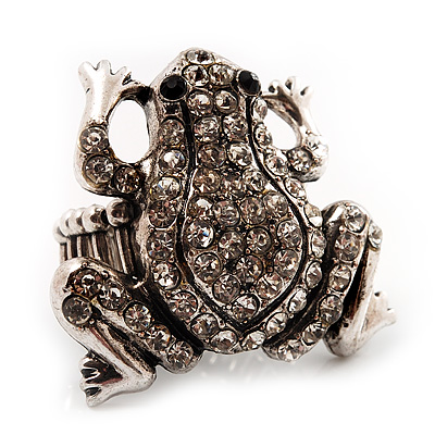 Clear Diamante Frog Flex Ring (Antique Silver Metal) - Size 7/8 (Stretch) - main view