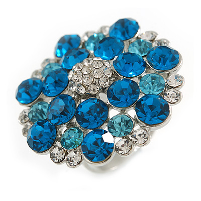 Silver Tone Sky/ Teal Blue Diamante Cocktail Ring (Adjustable Size 7/8)
