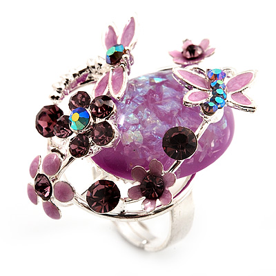 Exquisite Flower And Butterfly Cocktail Ring (Silver And Purple) - main view