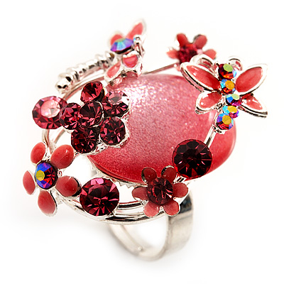 Exquisite Flower And Butterfly Cocktail Ring (Silver And Pink) - main view