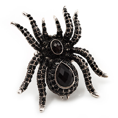 Oversized Jet Black Crystal Spider Stretch Cocktail Ring (Silver Tone) - main view