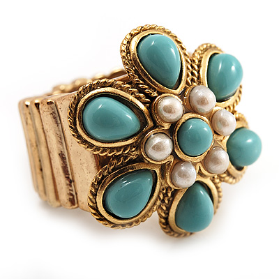 Turquoise Coloured Acrylic Bead Flower Stretch Ring (Gold Tone Metal) - main view
