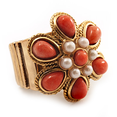 Coral Style Flower Stretch Ring (Gold Tone Metal) - main view