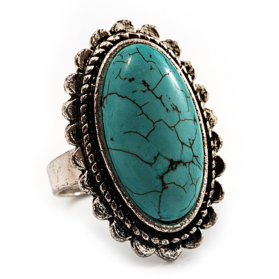 Vintage Oval Turquoise Style Ring (Burn Silver Finish) - main view