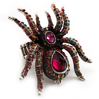 Oversized Multicoloured Crystal Spider Stretch Cocktail Ring (Silver Tone) - main view