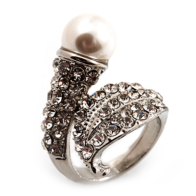 'Calla Lily' Wrap Simulated Pearl Diamante Ring (Silver Tone) - main view