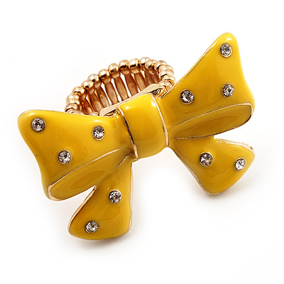Large Bright Yellow Enamel Crystal Bow Stretch Ring (Size 7-9) - main view