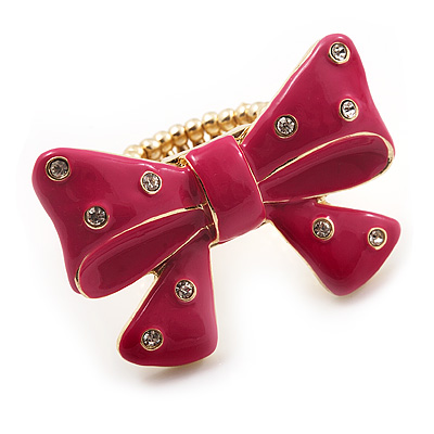 Large Bright Fuchsia Enamel Crystal Bow Stretch Ring (Size 7-9) - main view