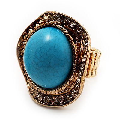 Round Crystal Turquoise Coloured Resin Stone Flex Ring (Gold Tone Metal) Size - 7/9 - main view