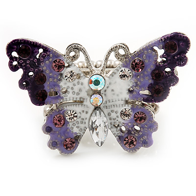 Purple Enamel Crystal Butterfly Flex Ring In Rhodium Plating - main view
