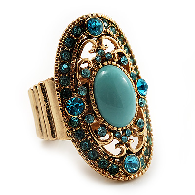 Oval Victorian Turquoise Coloured Acrylic Bead, Crystal Flex Ring in Gold Plating - Size 7/9 - main view
