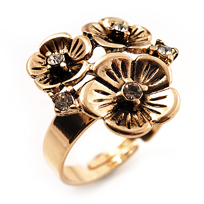 Delicate Crystal Flower Ring in Antique Gold Finish - Size 7/8 - main view