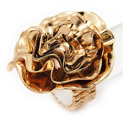 Large Layered 'Rose Flower' Flex Ring In Gold Plated Metal - 4cm Diameter - main view