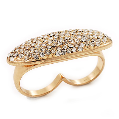 Gold Plated Pave Set Clear Austrian Crystal 'Shield' Double Finger Ring - 45mm Across - Size 7/8 - main view