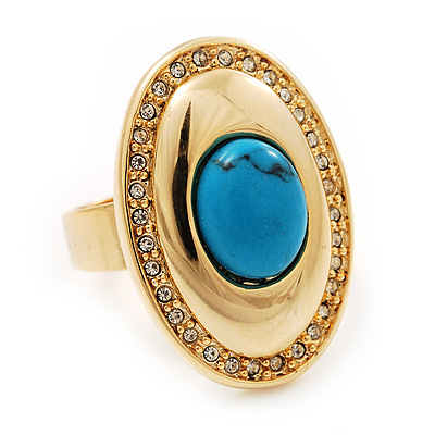 Oval Clear Crystal, Turquoise Stone Ring In Gold Tone - 25mm Across - 7/8 Adjustable - main view