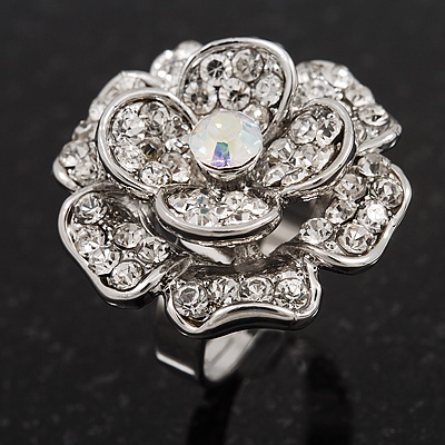 Large Layered Diamante 'Daisy' Ring In Rhodium Plating (Adjustable) - 2.5cm Diameter - main view