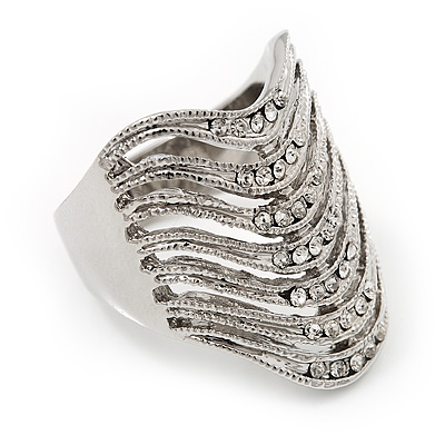Wide Crystal Geometric Band Ring In Rhodium Plated Metal - 2cm Width - main view