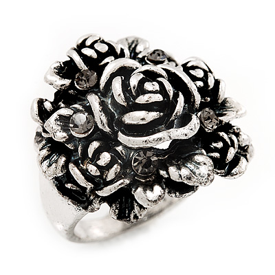 Vintage Rose Diamante Fancy Ring In Burn Silver Metal - main view