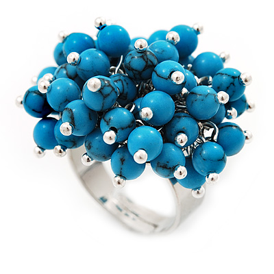 Turquoise Bead Cluster Ring In Rhodium Plated Metal - Adjustable - main view