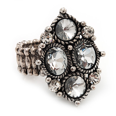 Vintage Diamond Shaped Crystal Flex Ring In Burn Silver Metal - main view