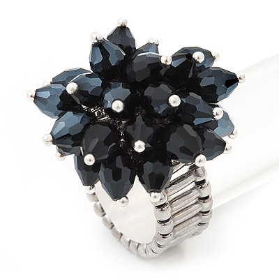 Black Glass Bead Cluster Flex Ring In Rhodium Plated Metal - main view