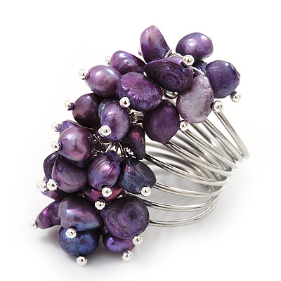 Wide Chunky Purple Freshwater Pearl Ring (Silver Plated Metal) - main view