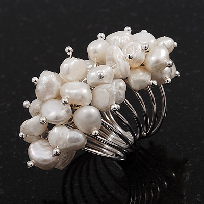 Wide Chunky White Freshwater Pearl Ring (Silver Plated Metal) - main view