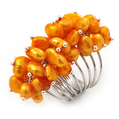 Wide Chunky Orange Freshwater Pearl Ring (Silver Plated Metal) - main view